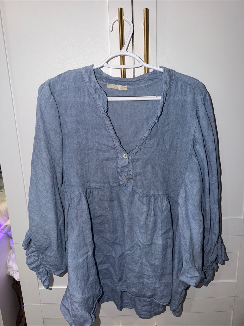 Light Blue Linen Peasant Top - Women